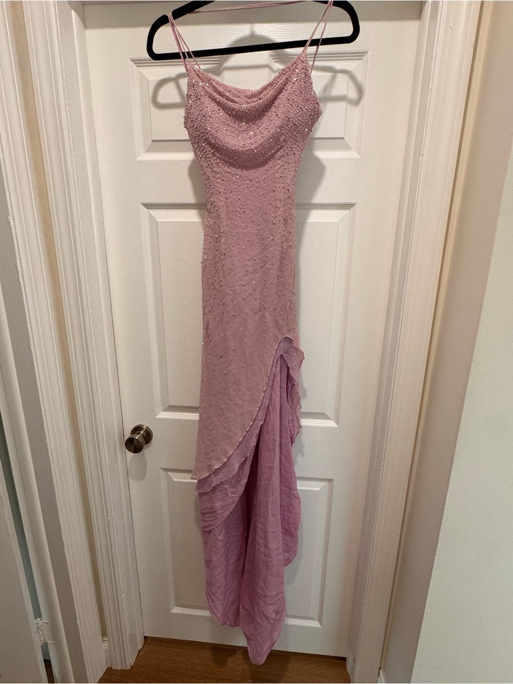 Embellished Cowl Neck High-Low Slip Dress in Dusty Pink
